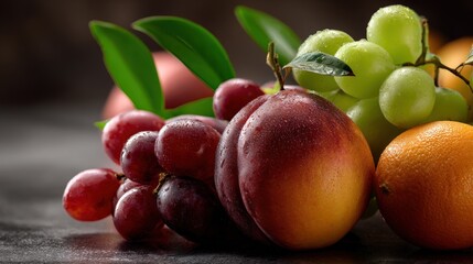 A close-up view of a vibrant array of fresh fruit, including plump red grapes, juicy nectarines, and bright green grapes, all glistening with water droplets.