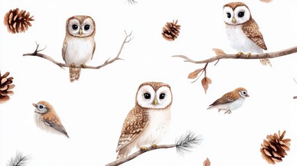Fototapeta premium Seamless woodland pattern with owls, pinecones, birds and branches in watercolor