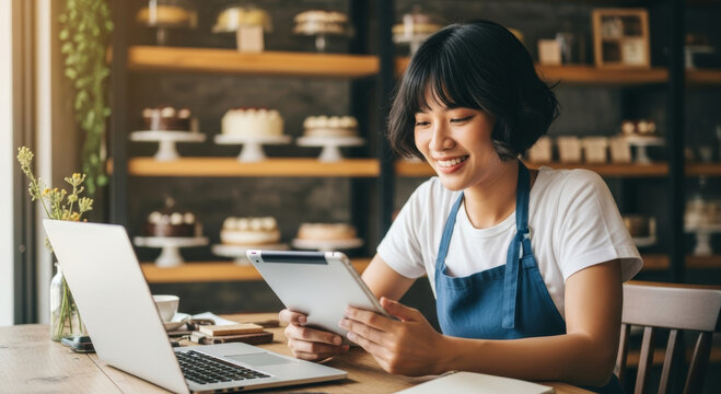 Smiling baker uses tablet and laptop managing business orders in cozy cafe bakery setting
