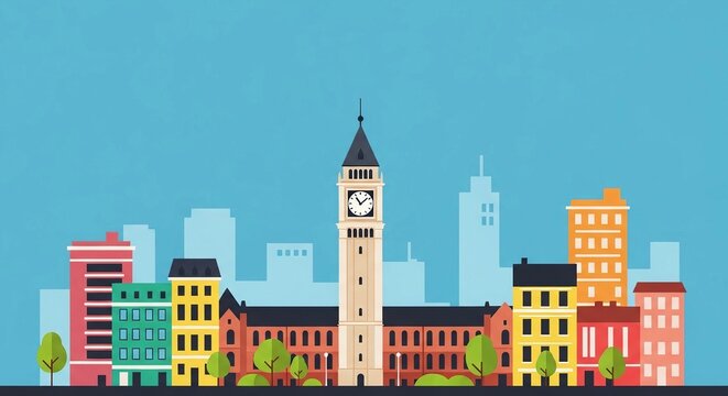 Vibrant flat design cityscape illustration featuring iconic clock tower and colorful buildings against a clear blue sky.