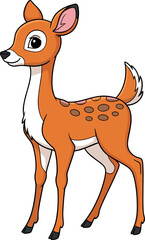 Cartoon cute fawn with spotted coat, standing in forest, adorable baby deer character for children’s illustration, wildlife, nature, education, storytelling themes