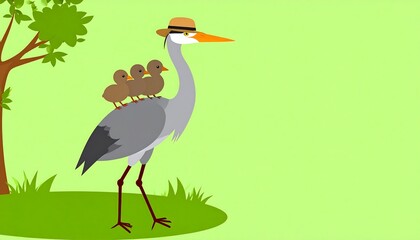 Heron with ducklings in a cartoon style
