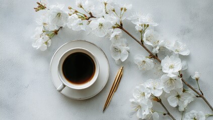 Overhead view of a cup of coffee, gold pen, and delicate white blossoms arranged on a light gray surface