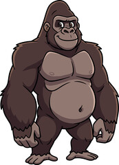 Cartoon gorilla standing upright, muscular build, dark brown fur, smiling face, friendly expression, children’s illustration, jungle animal mascot, playful wildlife character design