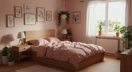 Fototapeta premium a cozy bedroom with blush linens showing a calm interior bathed in soft light for home decor inspiration and relaxation themes