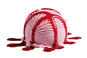 A scoop of pink ice cream drizzled with red sauce, isolated on a transparent background. background removed