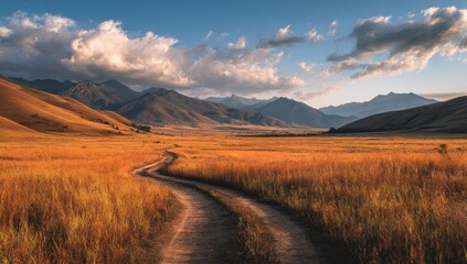 Serpentine dirt road winds through a vast, golden-hued grassland, flanked by majestic mountains under a partly cloudy, sunset sky