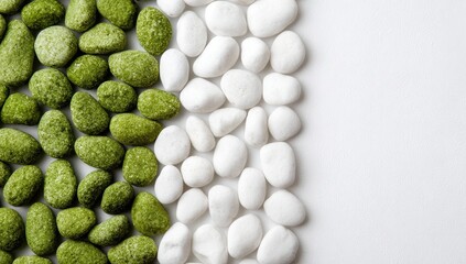 Two rows of small, textured stones; green on the left, white on the right, against a plain white background.  A stark contrast in color and texture is evident