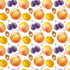 The watercolor seamless pattern with juicy fruits is hand-drawn. Peaches, apricots, plums with pits and twigs on a white background. For packaging, wallpaper, kitchen textiles, and tableware.