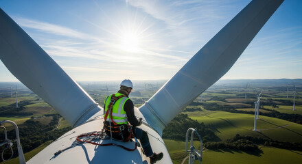 Technician inspecting wind turbine blades with stunning panoramic views of renewable energy farm
