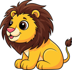 Obraz premium Cartoon lion sitting, yellow body, brown mane, cheerful expression, pink nose, children’s illustration, cute jungle animal mascot, playful wildlife character design