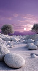 Snowy, rocky landscape at twilight, featuring two frost-covered trees and a pale sun in a purplish sky