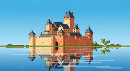 Majestic cartoon castle reflected in calm blue water under a clear sky with green trees on the shore