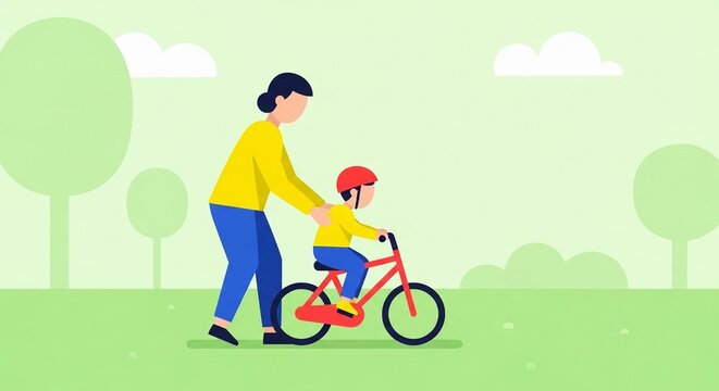 Supportive parent helps child learn to ride a bicycle in a sunny park, fostering independence and outdoor activity.