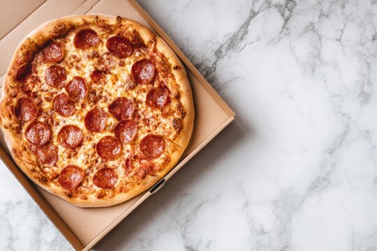 Pepperoni pizza in a cardboard box on a marble surface
