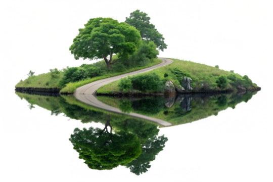 Green island with path and reflection isolated on white background