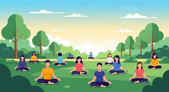 Diverse group of people meditating peacefully in a serene park setting during a sunny day.