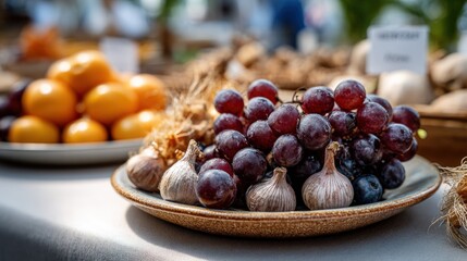 Freshly harvested red grapes and garlic are displayed on a rustic plate, alongside a cluster of oranges.
