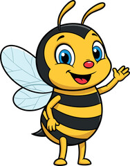 Cartoon smiling bee character waving hand, friendly insect mascot with wings and antennae, children’s illustration for education, nature, honey, environmental themes