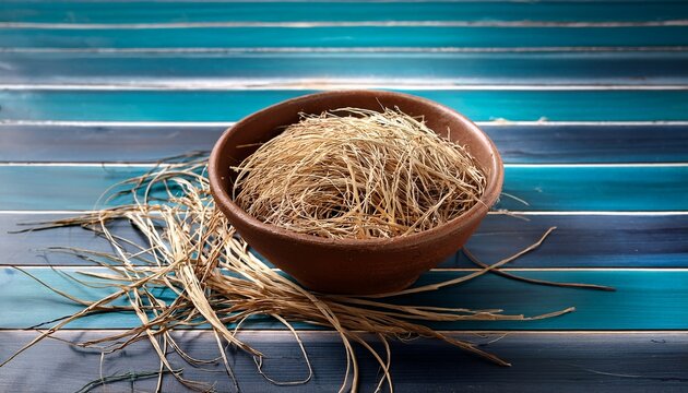 dried vetiver grass in clay bowl on wooden surface vetiver grass khus chrysopogon zizanioides dried clay bowl