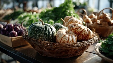 Ornate pumpkins in a rustic woven basket, nestled amongst other produce, highlight the vibrant fall colors of a farmer's market display.