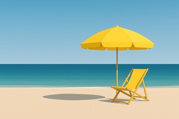 Minimalist beach with yellow umbrella and deck chair