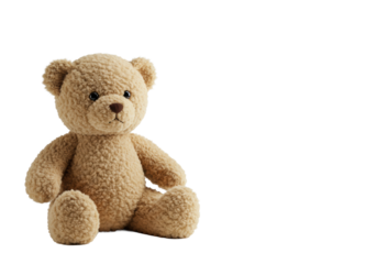 Light brown fluffy teddy bear with dark eyes, stitched nose, sitting upright, head tilt, on a transparent seamless background with copy space, concept of comfort, care, and innocence