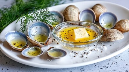 Gourmet steamed clams presentation featuring opened shells with herb-infused butter sauce and dill seasoning on white oval plate