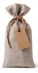 A light beige linen sack, cinched with twine and a blank brown tag