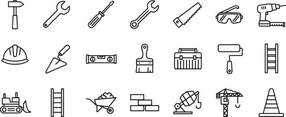 Obraz premium A comprehensive collection of outline icons representing construction tools, building equipment, and renovation symbols for web and print design