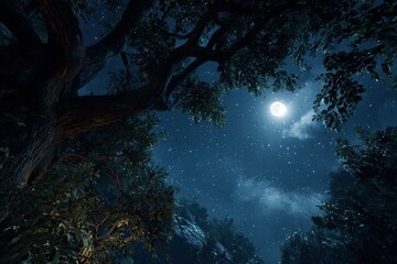 A night sky viewed through dense woodland canopy