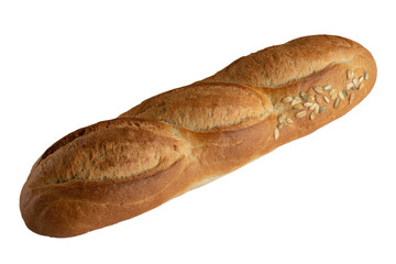 A long loaf of crusty bread, sprinkled with seeds, isolated on a transparent background. background removed