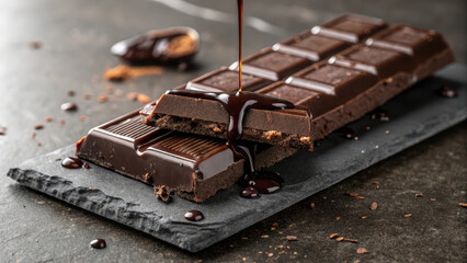 Rich chocolate bar dark chocolate sweet syrup dessert gourmet treat indulgent cocoa confection snack delicious closeup of crave worthy chocolate bar dripping in syrup on stone slab