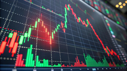 Digital stock market chart with glowing red and green candlesticks, financial data, and fluctuating graph lines, representing investment, trading, and economic analysis