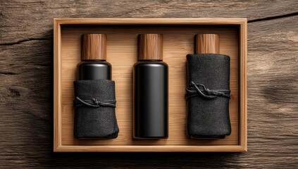 Three matte black bottles with wooden caps nestled in a light brown bamboo box, each wrapped in dark fabric, rest on a rustic wooden surface