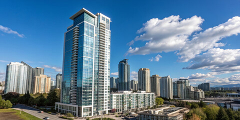 Modern high rise apartment building with glass facade stands against clear blue sky, surrounded by other tall buildings and lush green trees, creating vibrant urban cityscape
