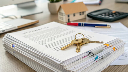 Stack of property lease contracts, gold keys, and miniature house on office desk, real estate agreement paperwork, rental document, financial planning, and investment concept
