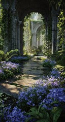 Sunlit stone path through overgrown ruins, purple flowers lining the way, leading to a deeper, shadowed archway in a lush, overgrown ancient structure