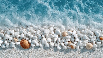 A tranquil beach scene foamy turquoise water gently laps white pebbles and scattered seashells on a white sand shore
