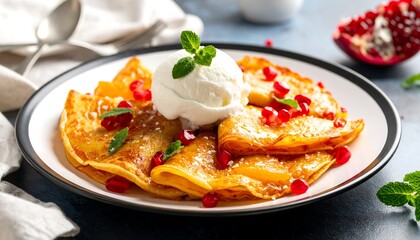 Golden crepes topped with ice cream and pomegranate