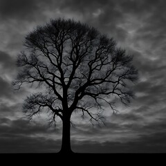 Obraz premium Bare tree silhouette against cloudy sky winter landscape