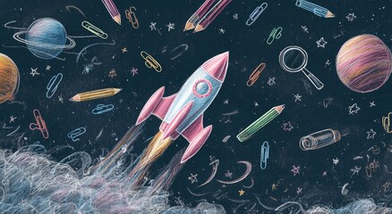 Colorful rocket ship in space, school supplies theme
