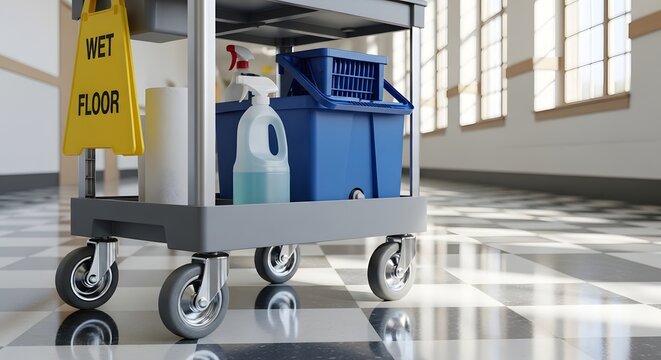 A cleaning cart with supplies and a wet floor sign in a hallway with checkered flooring