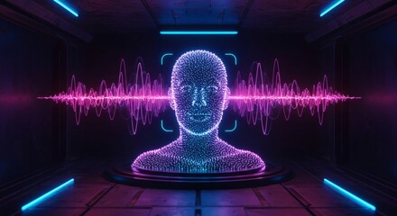 a glowing holographic ai avatar face scan analyzing data with a sound wave visualization in a futuristic control room for ai interface applications.