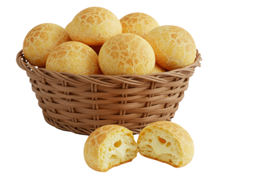 Wicker basket overflowing with golden-brown Pão de Queijo, one broken open revealing warm, fluffy, cheesy interior on gingham cloth against bright white background, concept of Brazilian culinary
