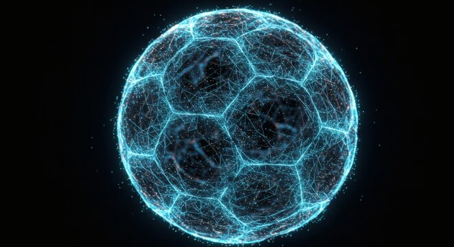 a glowing holographic soccer ball with network connections a futuristic design connecting global football events with cutting-edge technology