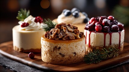 Four delectable mini cheesecakes, adorned with festive toppings, displayed beautifully on a wooden platter.