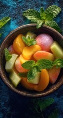 A rustic wooden bowl overflows with a vibrant mix of juicy peach and honeydew melon chunks, adorned with fresh mint sprigs against a deep blue backdrop