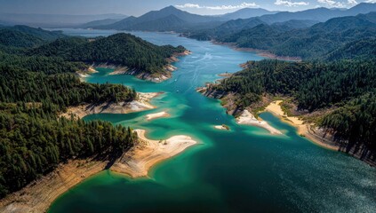 Aerial view of a vast, turquoise lake nestled amongst verdant hills and mountains under a partly cloudy sky; sandy inlets and small boats are visible