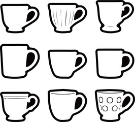 A collection of various cup silhouettes in black and white. Simple and versatile design, ideal for icons, logos, decorations, or beverage-related projects.